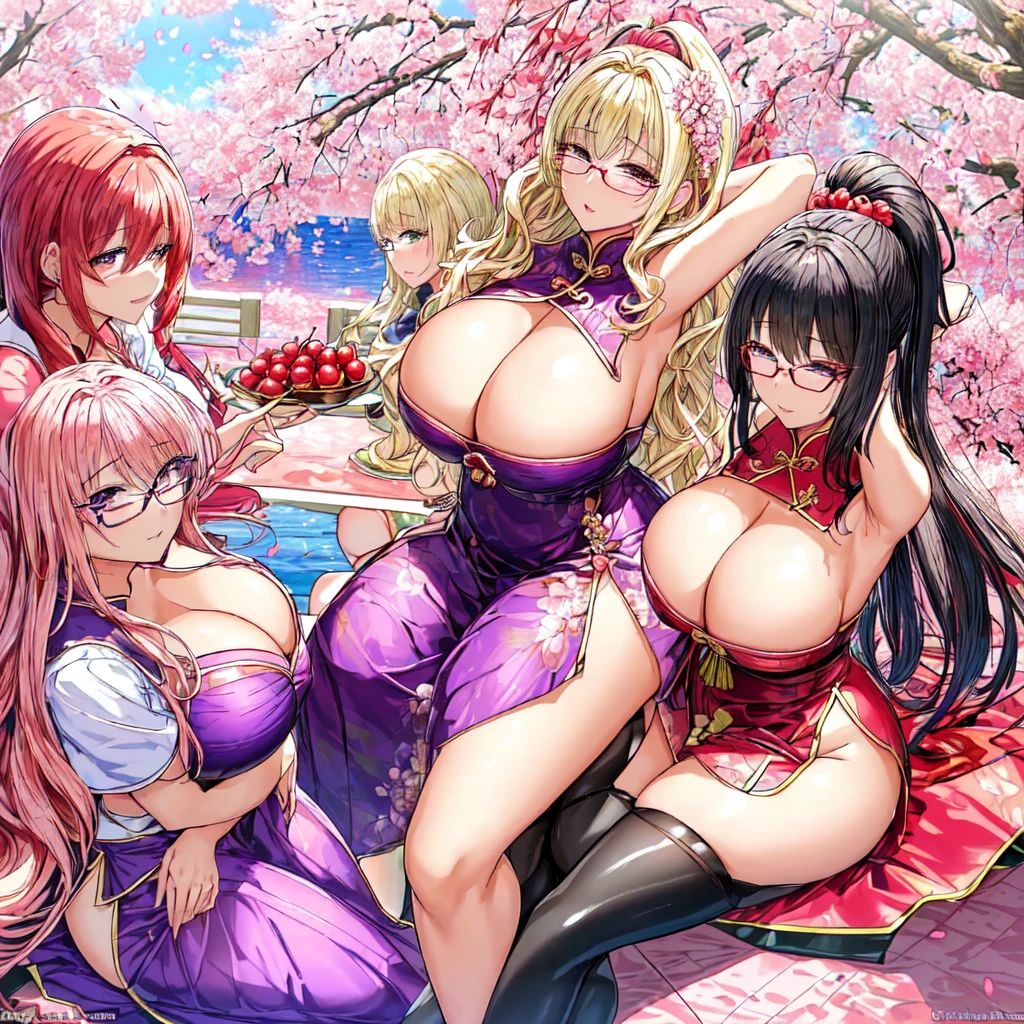 Chinese idol girl woman Blonde wavy hair with bangs (Bright red blush on lips) big bry plump Super big ass ((rimless glas)) big eyes Sakura Fubuki ((fabulous, super shiny purple long skirt in chinese dress)) ((Wellingtons)) garters 8 k Photorealistic ((Cherry tree in full bloom)) (A large number of falling cherry petals) ((sunrise at dawn)) ((Sit down спиной к камере)) ((Rear view of a man, sitting upright)) ((Turn around and make eye contact)) ((Sit down, stretching out the buttocks))