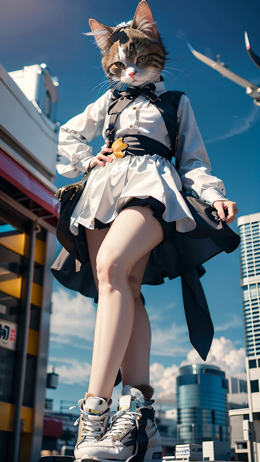 (Highest quality, masterpiece:1.2), pressure,  1 Woman Taller than a Skyscraper, Cat in the face, Super giant, 5000 ft tall giantess, Make the city smaller, Depth of written boundary, High resolution, 超High resolution, 8K, Very detailed, Realistic, Sun light, Maid clothes, Ribbon and mini skirt, knees,  photograph, 5000 ft tall giantess, 上空から撮影された航空photograph