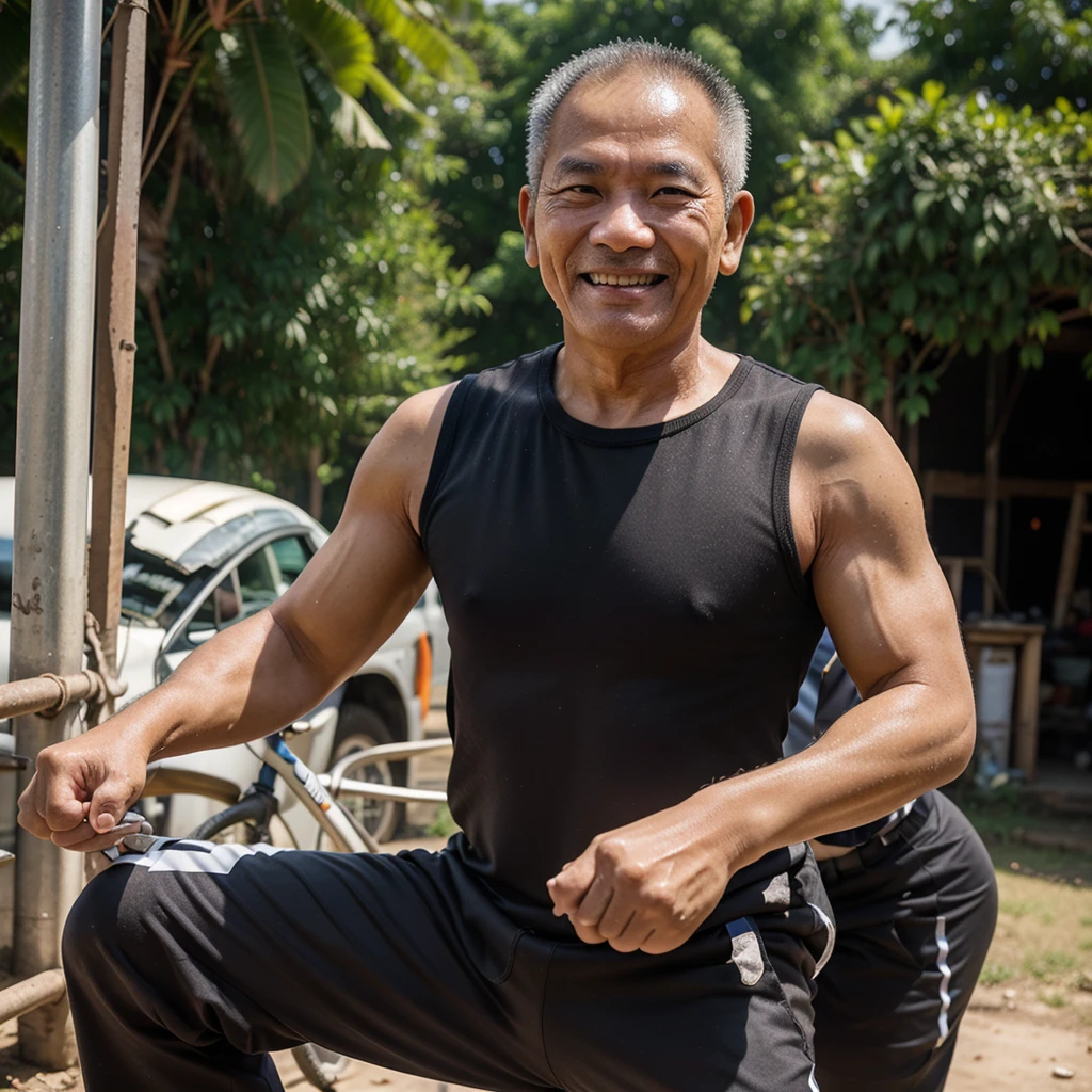 Thai man, age 60, works hard, fights a lot in life, encounters many obstacles in life, but keeps smiling and fighting, because success is waiting for us, in the sunshine, sweating all over.