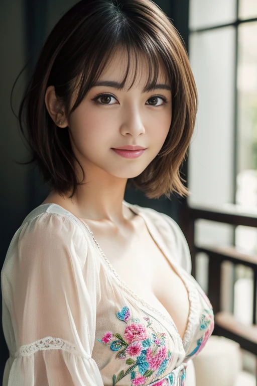(RAW Photos), (Realistic), (masterpiece), (highest quality), High resolution, 8K resolution, (Intricate details), (Volumetric Light), Portraiture, woman,, short hair, Straight hair, Layered Hair, Brown haired, Highly detailed eyes, Source order, Very thin eyebrows, Highly detailed skin, Highly detailed mouth, Highly detailed nose, Cute like an idol, smile, ((Thick lips)), ((Look at the viewers)), (Elegant blouse)、Cleavage、Cleavage、The color of the clothes is up to you、The color of her underwear is see-through colorful、