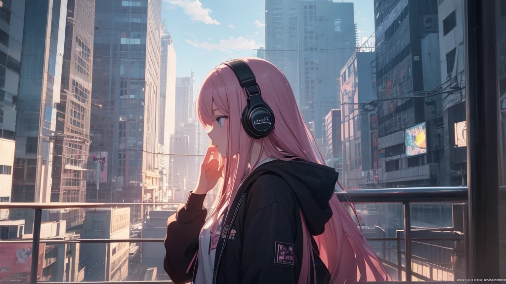Absurd, Ultra-high resolution, (Official Art, beautifully、mysterious:1.2), Impressive eyes, light pink long hair, Larger than average bust, Correct human body composition, Girl listening to music with headphones, Looking out the window, Lo-fi Girl, and oversized hoodie, Makoto Shinkai and Artgelm, Anime atmosphere, Lofi art style, Anime style 8k, Anime Aesthetics, Lo-fi feeling, Anime Art Wallpapers 8K, An atmosphere of praise, City girl's room, Rooms with large windows, Emotional cityscape, Bright Sky