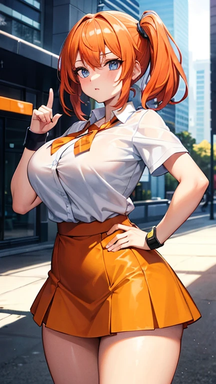 (masterpiece, Highest quality) One girl, Slightly larger breasts, A little big butt, Thick thighs, Wide Hips, Perfect proportions, Asymmetrical hairstyles. Stylish hairstyle, Orange and various hair colors, Blue eyes, Wearing an orange checkered skirt, long orange skirt, Up shirt, Wristbands on both hands, High resolution, Super sharp, 8K, masterpiece, Looks powerful, cool, Energetic, Battle Maniac, Full of motivation, Five fingers on both hands