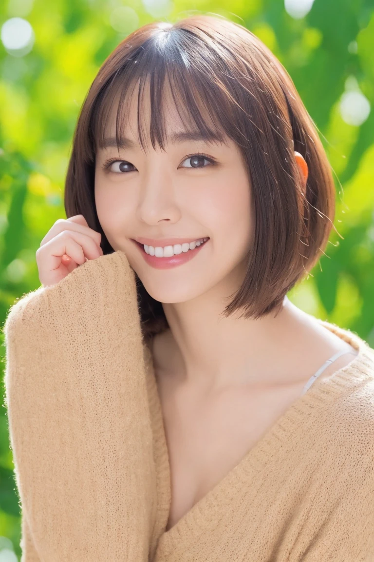 One Girl, (beautiful girl, Delicate girl:1.3), break, Very beautiful eyes, (Symmetrical eyes:1.3), Brown eyes, Bobcut, ,, (Highest quality、、32k、masterpiece、Hmph:1.2)、Cute Japanese Women Photos、Huge boobs:1.4、Very short bob hair、((Upper Body))、Face Focus、Extra Large_sweater、、Simple Background、From above、Looking at the audience、Cleavage:1.5、Balanced body、smile、((underwear))