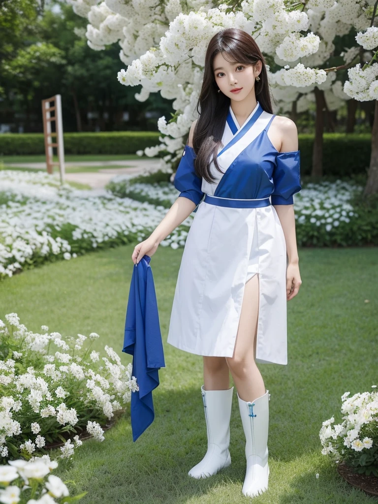 Beautiful woman wearing a blue white Wearing uniform While standing korea style clothes mini dress with decorations on the shirt and visible shoulders and wearing boots and being photographed with a background And he was in the middle of a yard filled with beautiful white flowers,Korean style swag, beautiful face so gorgeous, Beautiful eyes, y2k style,