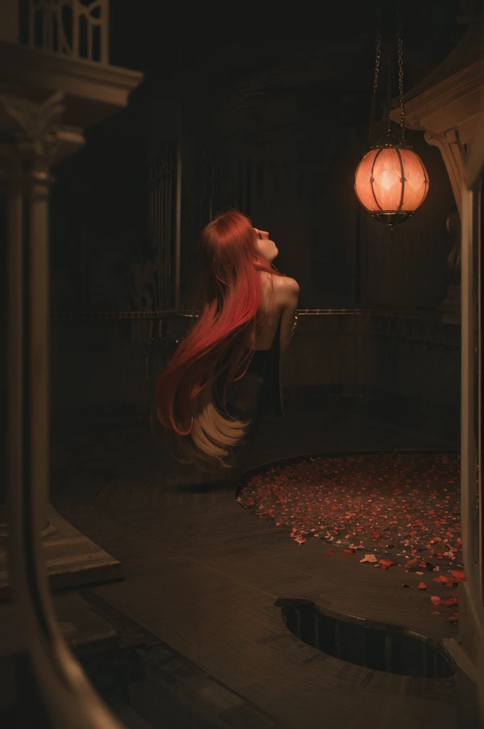 Caged dancer,1 Girl,whole body,Solitary,Melancholy的,Melancholy,Nostalgia,loneliness,Flowing hair,petal,Chromatic Aberration,,chain,Surrealist imagery,Dreamy atmosphere,Vivid contrasting colors, Complex and detailed elements, Dim Lights, Introspective Composition,Tryptophan
