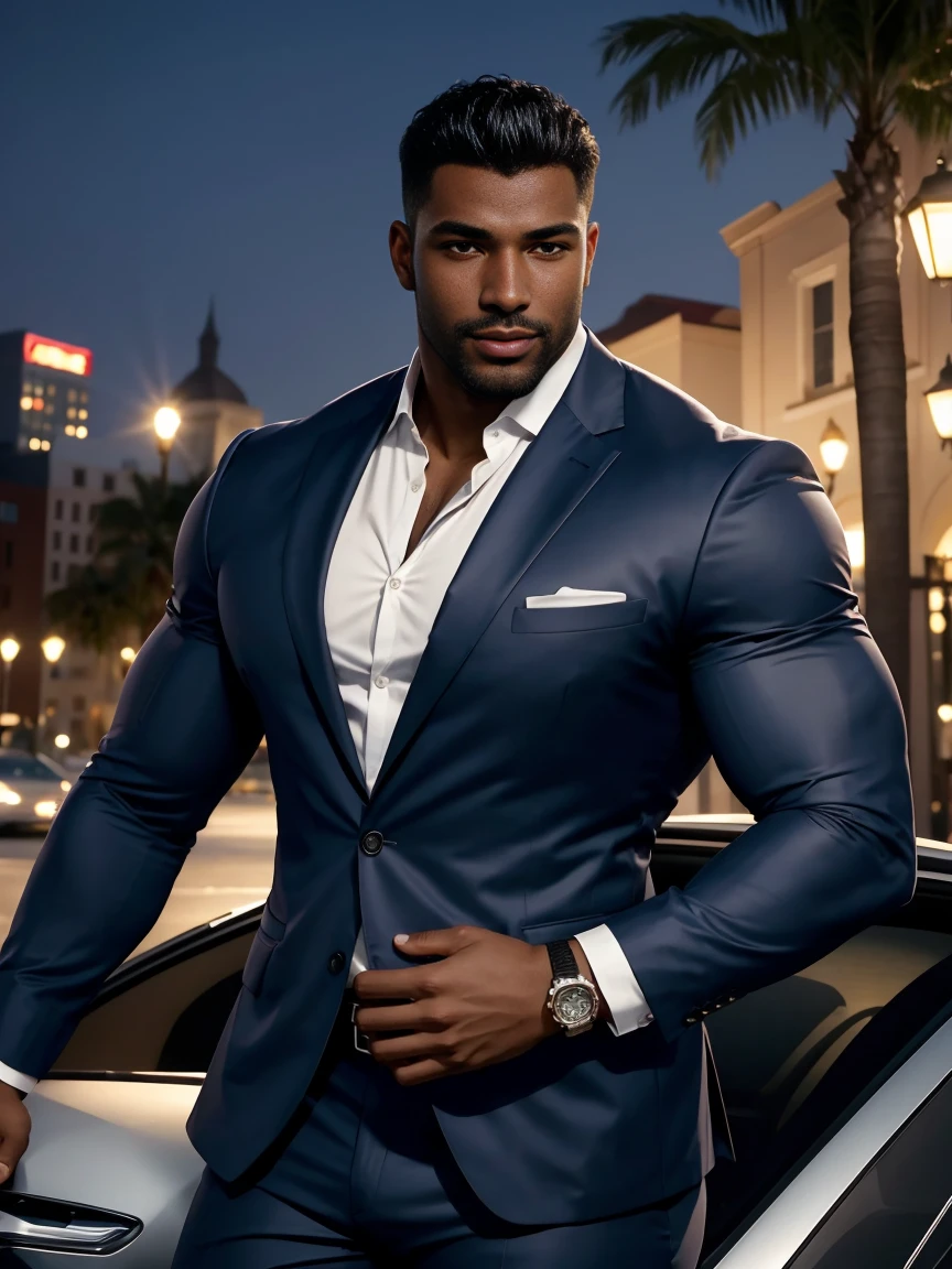8K,8K resolution,2 Muscular Europeans, handsome man,charming eyes,dark skin,beautiful, smooth and shiny,Full muscles,Thick body hair, (wearing a stylish suit),big bag highlights,Excellent j8,emphasize,Driving a luxury convertible,The car is full of roses,Two men smiling happily,professional lighting,Professional photography,Realistic photos,realistic model,realistic art,Perfect hand details