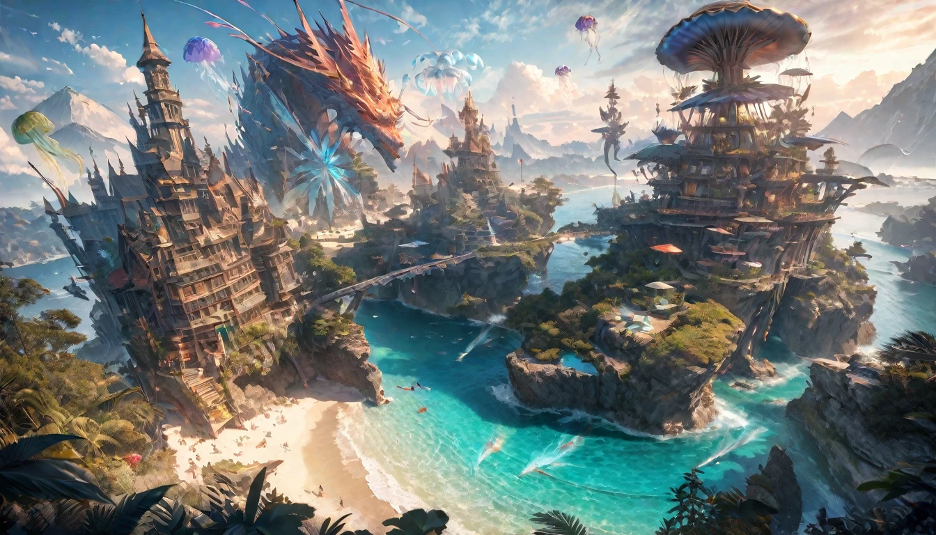 Landscape painting, a beach in another world with a beautiful blue sky.
A giant dragon is sunbathing on the white sand.
Beach umbrellas and beach chairs are placed around the beach, and wizards and fantasy creatures are relaxing.
The sea is a clear blue color, and mysterious creatures can be seen on the seabed.
The beach has a magical ice cream stand and a kite flying in the sky.
Character details:
Dragon: With sparkling green scales, it is relaxing with its wings spread out gracefully. Small dragon babies are playing around it.
Wizard: A wizard in a summer costume is controlling a beach ball with a magic wand.
Other creatures: Fantasy characters such as mermaids and elves are swimming in the sea.
Background details:
Mysterious mountains and floating islands in the distance create an otherworldly atmosphere.
Floating jellyfish and flying fish are in the sky. sharp focus, (ultra detailed, highly detailed) Highly detailed CG Unity 8k wallpaper), ((vibrant colors, vibrant theme))), (intricate), (masterpiece), (best quality), art photo, (photo by sldr), (intricate background), perfectly rendered face, perfect facial details, realistic face, photorealistic, ((intricate details)), ((realism))), full body, wide field of view