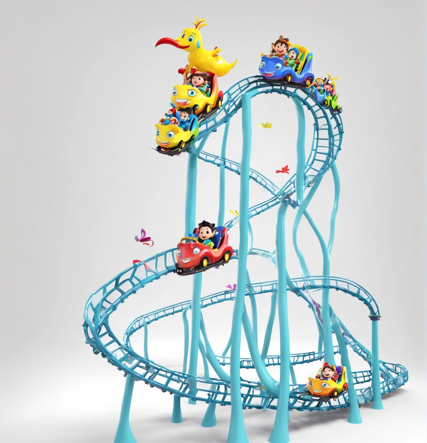 Cartoon cute Q version 3D roller coaster，There are two roller coasters，Cartoon style is very cute and adorable.，White background，Focus on roller coaster