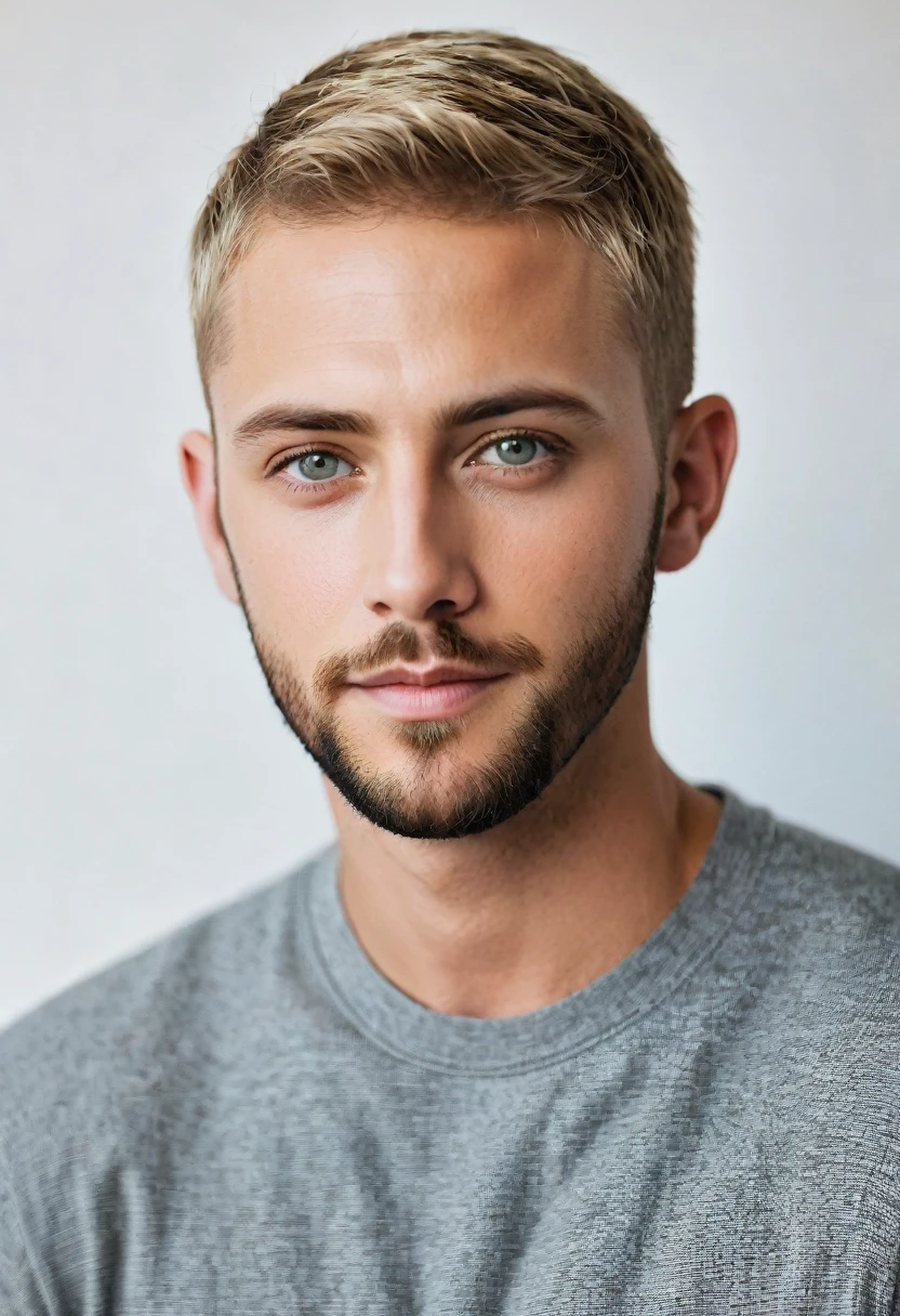 Handsome american, dark blonde hair, short hair, hazel eyes, 30 years old, short beard, buzz cut