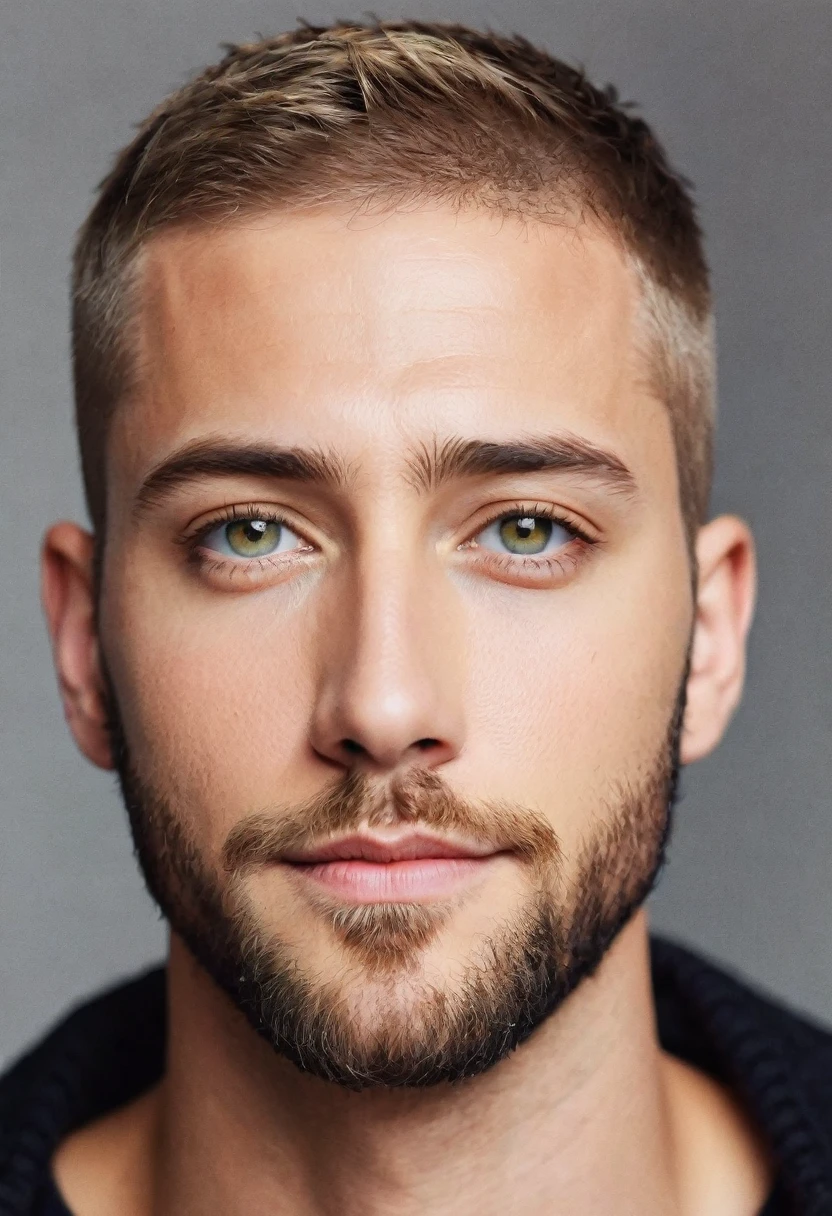 Handsome american, dark blonde hair, short hair, hazel eyes, 30 years old, short beard, buzz cut