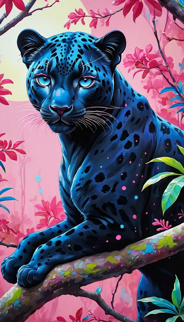 The black leopard sat only on the branch, in the style of vibrant pop surrealism, Royal blue eyes,light pink and light crimson, realistic hyper-detail, enigmatic tropics, thick paint layers, realistic depictions, dot-painted colors, optical blending