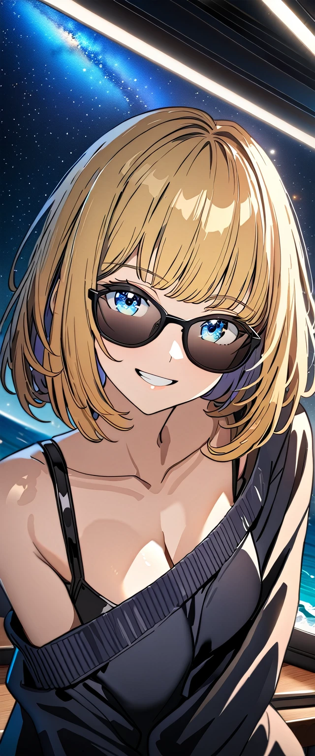 ((grin)), ((off-shoulder sweater:1.3, Quite thick shoulder straps)), ((black sweater)), ((blond hair, bob cut:1.3)), ((sunglasses, hand to sunglasses)), (((from side))), ((((upper body)))), bare legs, ((Leaning to side)), (((a beautiful starry sky, the Milky Way shining beautifully in the night))), ((standing on the very high cliff)), wavy hair, inward curled hair, ((sea, nature)), breasts, teenager, (looking at viewer), oversized clothes, puffy long sleeves, collarbone, head tilt:1.3, (((blue eyes))), happy smile, (((anime style))), (best quality, 4K, 8K, highres, masterpiece:1.2, ultra-detailed, ultra-detailed eyes, HDR, uhd, studio lighting, ultra-fine painting, sharp focus, physically-based rendering, extreme detail description, professional, vivid colors, bokeh)