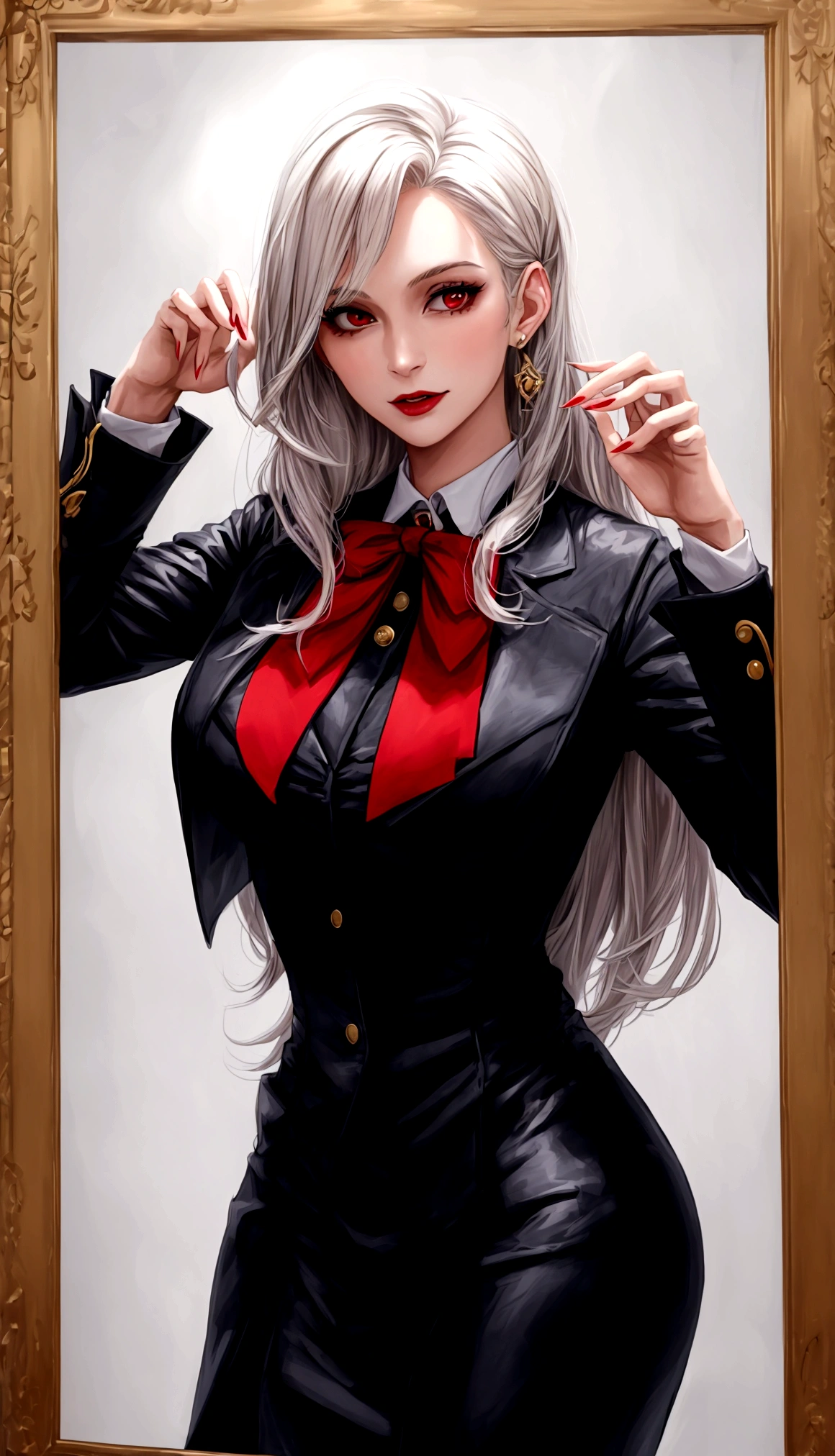 A woman, 30% American features, 30% vampire characteristics, 40% doctor characteristics, showing a photo of the upper body dressed.