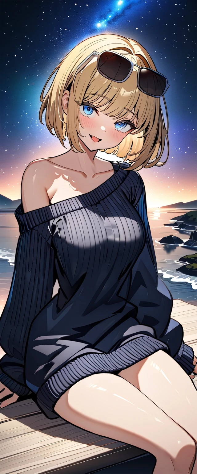 ((ahegao)), ((off-shoulder sweater:1.3, Quite thick shoulder straps)), ((black sweater)), ((blond hair, bob cut:1.3)), ((sunglasses, hand to sunglasses)), (((from side))), ((((upper body)))), bare legs, ((Leaning to side)), (((a beautiful starry sky, the Milky Way shining beautifully in the night))), ((sitting on the very high cliff)), wavy hair, inward curled hair, ((sea, nature)), breasts, teenager, (looking at viewer), oversized clothes, puffy long sleeves, collarbone, head tilt:1.3, (((blue eyes))), happy smile, (((anime style))), (best quality, 4K, 8K, highres, masterpiece:1.2, ultra-detailed, ultra-detailed eyes, HDR, uhd, studio lighting, ultra-fine painting, sharp focus, physically-based rendering, extreme detail description, professional, vivid colors, bokeh)