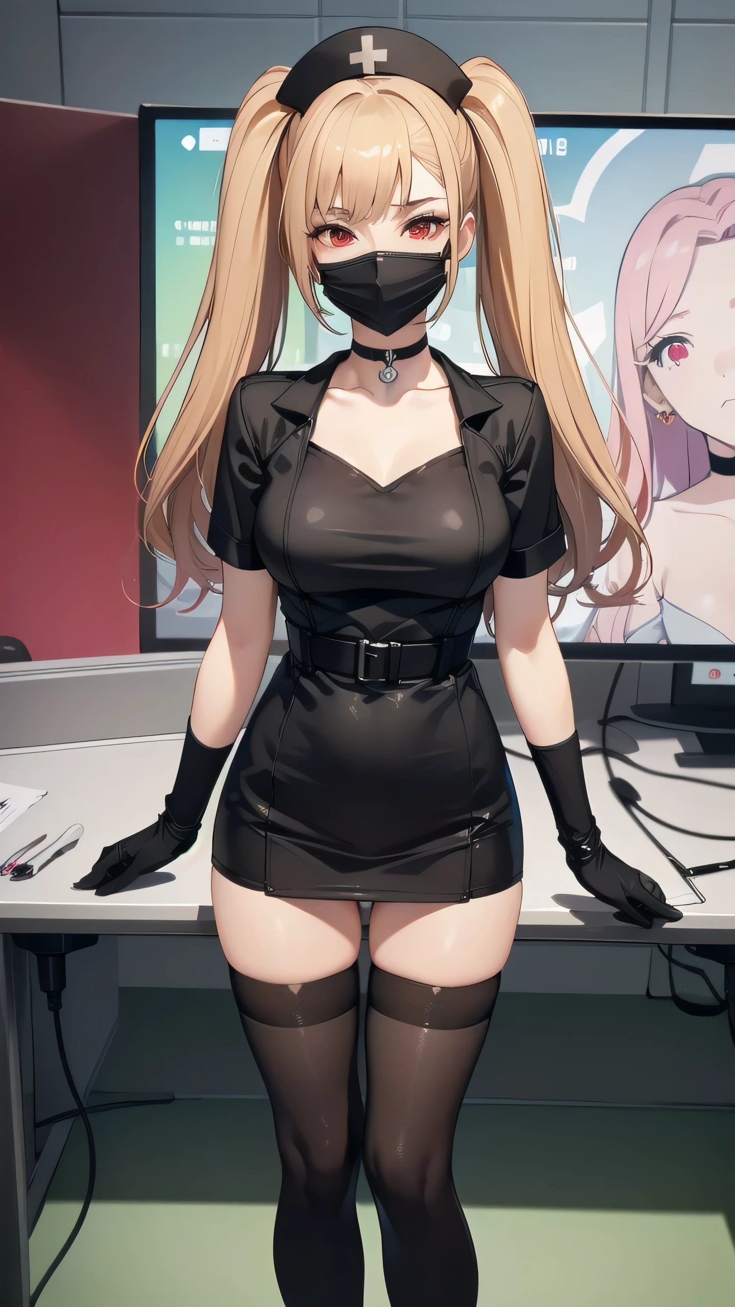 black nurse, 1girl, solo, black nurse cap, black wear, ((black legwear, zettai ryouiki)), black elbow gloves, twintails, yellow hair, red eyes, ((black surgical mask, covered nose, choker)), standing, ((surgery room)), sharp outline, short sleeves, best quality, masterpiece