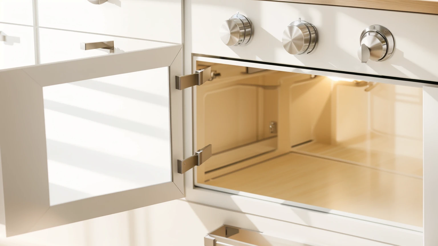 kitchen, KITCHEN DRAWERS WHITE, OVEN WITH OPEN DOOR AND LIGHT, Realistic style, realistic texture, high quality, A high resolution, DETAILED TEXTURES, BRIGHT LIGHTING, Beautiful light from the window, Beautiful sunlight, Multiple light sources