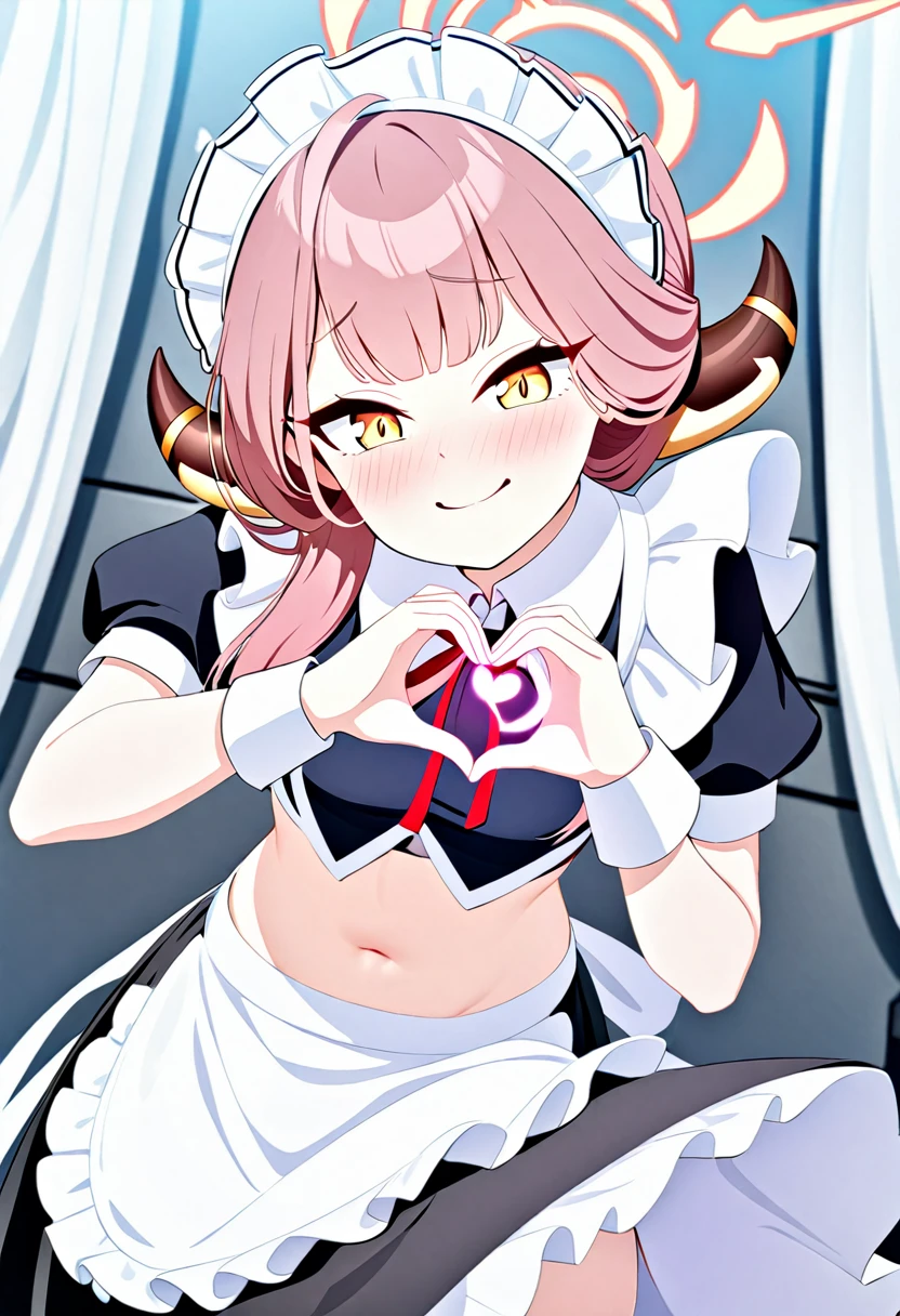 Aru/Blue archive, maid, skirt maid, stomach, navel showing, midriff,blush,shy face,smile,heart hand,
