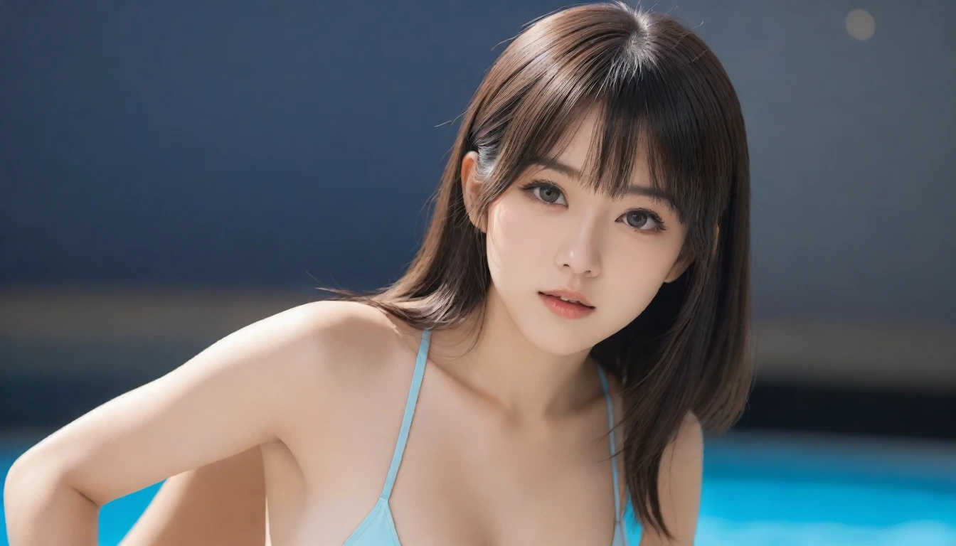 8K, Ultra-high resolution, Highest quality, masterpiece, 三分割法によるphotograph,Surreal, photograph, 1 Girl, (:1.3), pretty girl, Cute face, Beautiful eyes in every detail, 細かくdetailedに,masterpiece,One Girl:1.2, Japan Female Announcer,upper body,athletic,Bob with bangs,shiny hair,furious,Black Hair,The perfect swimsuit for competitive swimwear,High leg cut,Camel Toe,Looking at the audience、beauty、(((Ideal body type))),A cup small breasts :2,、Portraiture:2、Perfect Anatomy、鮮明なdetailed、detailed、Surreal、Light and shadow,Strong light