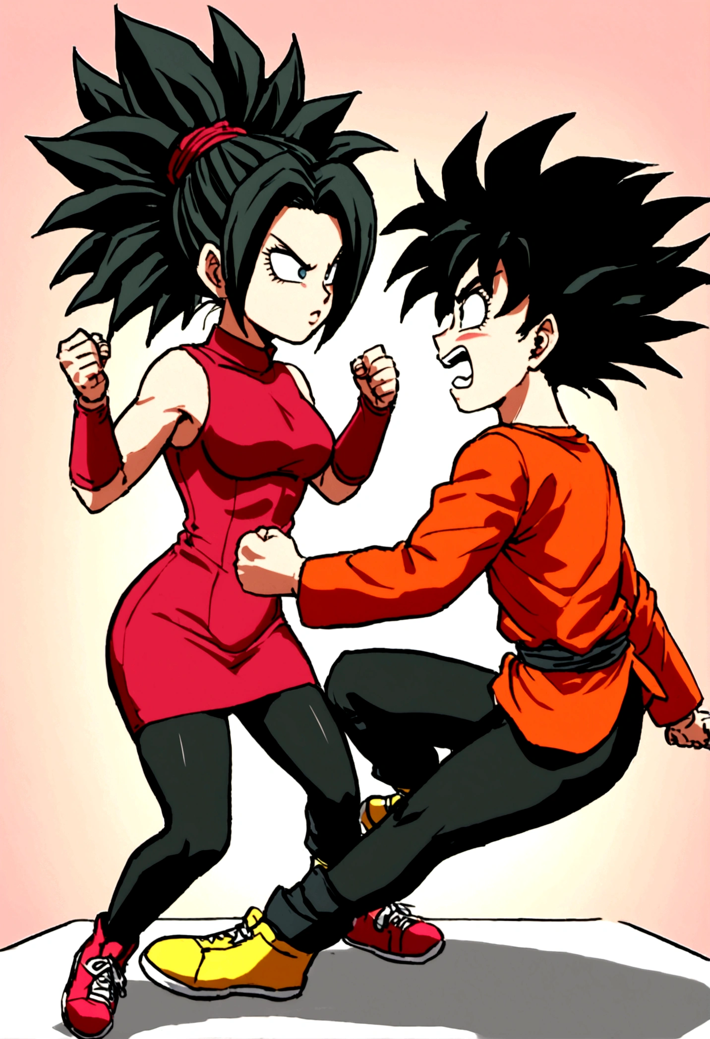 Kefla with black hair up, with red top and black pantyhose, one punch man style, kicks goku in the face