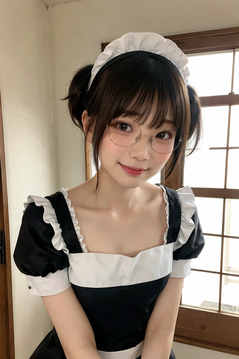 、Looking at the audience、(Highest quality、masterpiece)))、High resolution、Very detailed、masterpiece、Light、(8K、Highest quality、masterpiece:1.2)、(Realistic、Realistic:1.37) High resolution、Super detailed、Woman wearing glasses、Round glasses with thin frames、Light colored eyeglass frames、Asian, cute, cute顔, alone, Twin tails, Textured skin, 詳細なnight景, Light, Written boundary depth, レンズフレアLight、smile、Small breasts、Beautiful and detailed eyes、、night、(short hair:1.2)、Floating Hair Nova Frog Style、maid_cosplay, 独奏, simple background, breasts, looking at viewer, puffy short sleeves, puffy sleeves, short sleeves, 1girl, maid headdress, chain, frills, white gloves, cowboy shot, large breasts, pointy hair, gloves, smile, open mouth,gothic, gothic maid