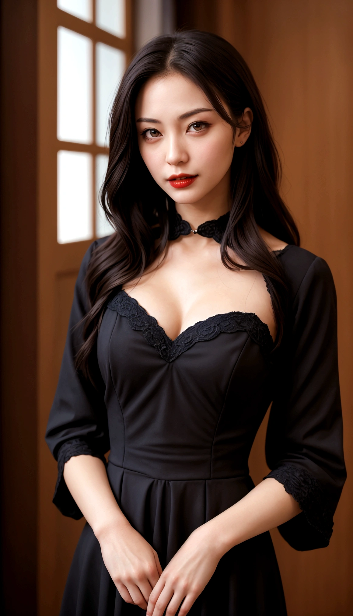 A woman, 30% American features, 30% vampire characteristics, 40% doctor characteristics, showing a photo of the upper body dressed.