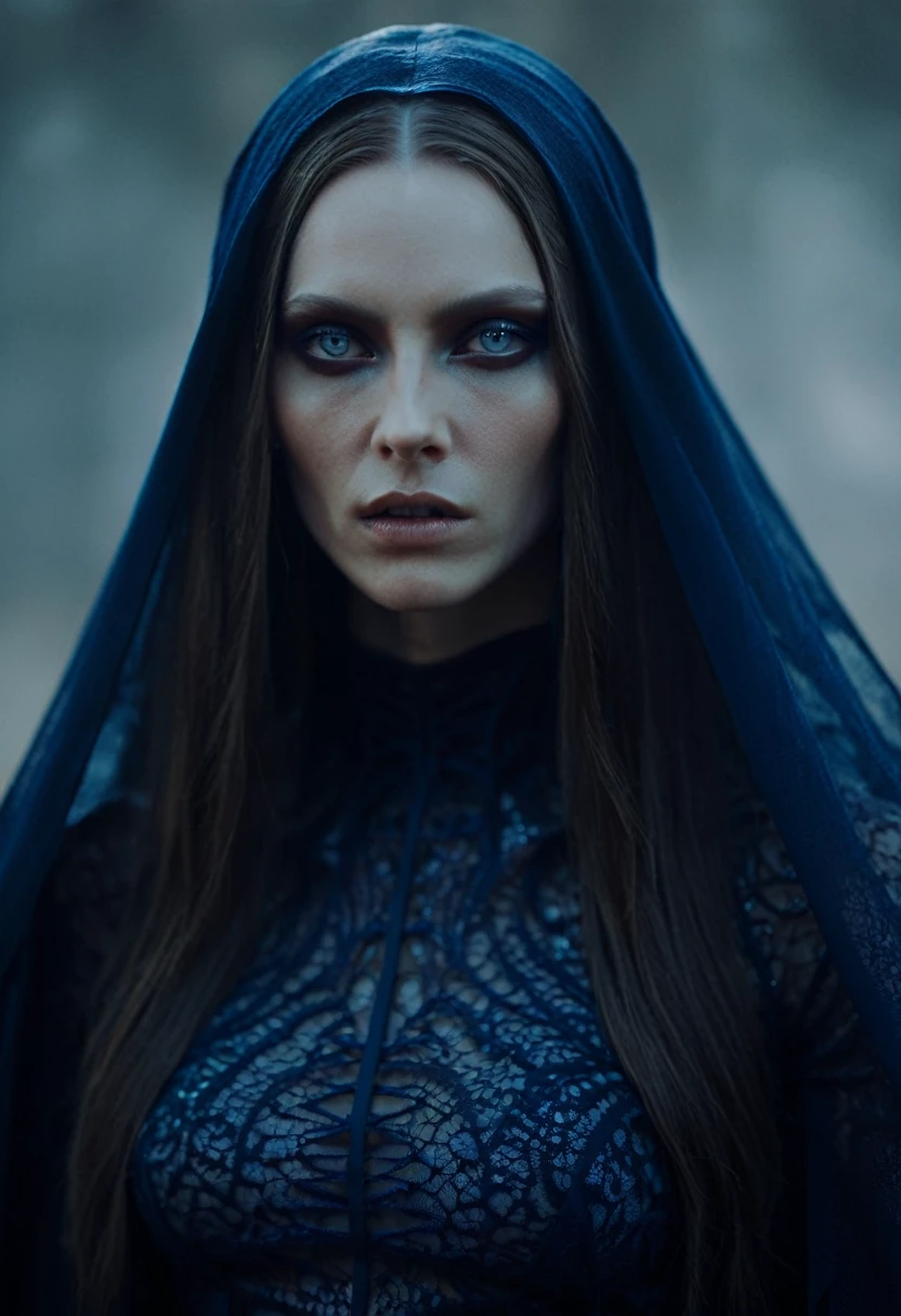 Fashionable of androgynous alien looking witch wearing veil, glowing eyes, beautiful evil slavic muscular woman, pale skin, long hair, futuristic design, minimal details, givenchy, photoreal, 200mm, hd, f/ 2.0, highly detailed, surreal , drop dead, in the style of red and blue, (intricate details, hyperdetailed:1.15) (skin texture:1.2), cinematic, professional, 4k, (((dynamic model pose))), sitting, full body, mesmerizing, dynamic, dramatic, sensual, dynamic pose, highly detailed skin with hair, subcutaneous veins, light and shadow play, highly detailed,24mm photograph, film, bokeh, professional, 4k,