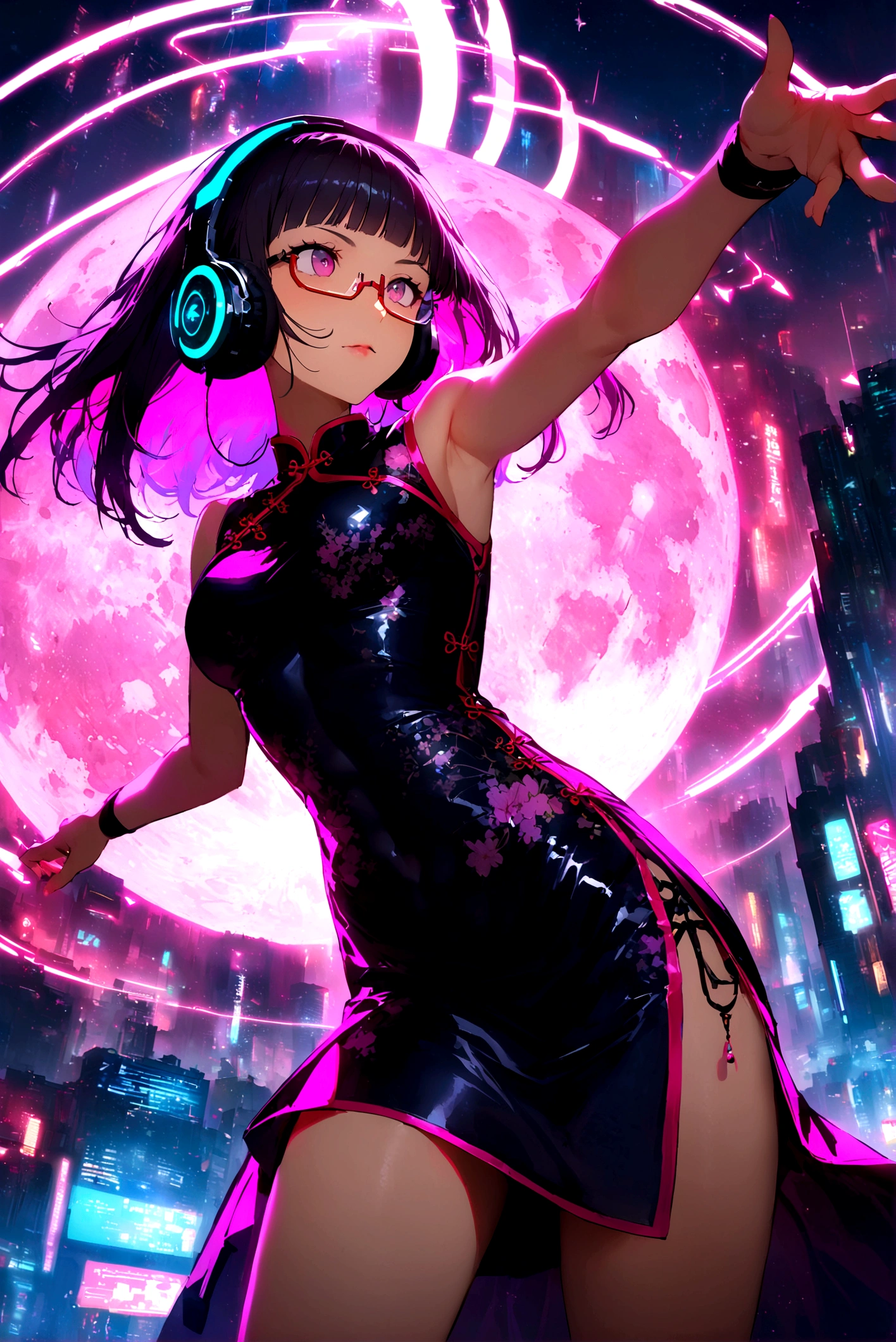 (extremely detailed fine touch:1.3), solo, (((semi-rimless eyewear:1.3))), (headphone:1.2), short hair, blunt bangs,bare arms,1 girl, Chinese_clothes, metallic black titanium and pink, cyberhan, cheongsam, cyberpunk city, dynamic pose, luminous hair accessories, long hair, luminous earrings, glowing necklace, cyberpunk, high-tech city, full of mechanical and futuristic elements, futuristic, technology, glowing neon, pink, pink light, sexy skirt, translucent black cape, laser light, digital background urban sky, big moon,