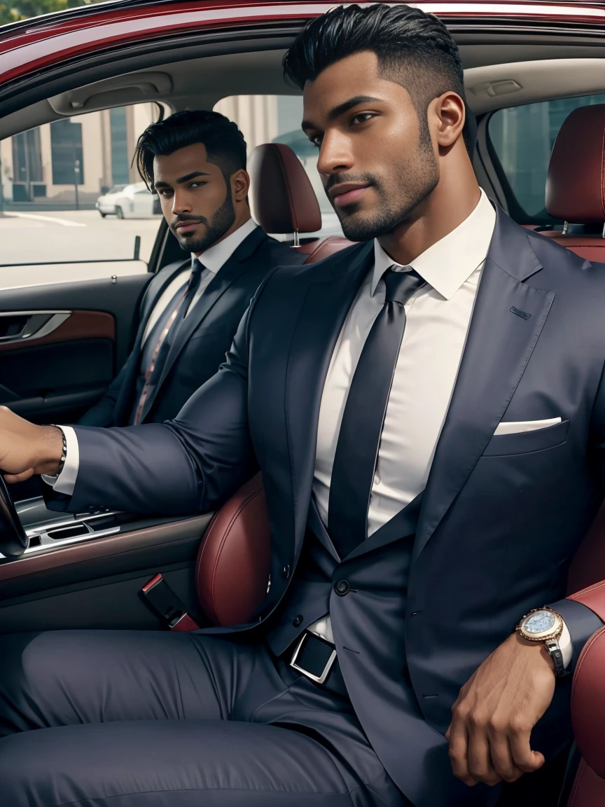 8K,8K resolution,2 Muscular Europeans, handsome man,charming eyes,dark skin,beautiful, smooth and shiny,Full muscles,Thick body hair, (wearing a stylish suit),big bag highlights,Excellent j8,emphasize,Driving a luxury convertible,The car is full of roses,Two men smiling happily,professional lighting,Professional photography,Realistic photos,realistic model,realistic art,Perfect hand details