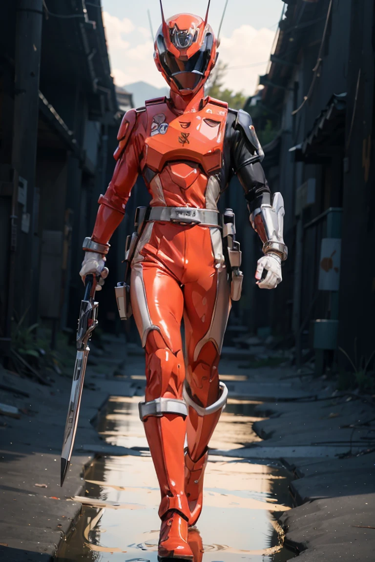 The sunset flies with the lonely geese in the distance, and the autumn river water and the vast sky are connected, icons,1boy, white, full body, Illustration, cinematic light, high resolution, best quality, ultra detailed, masterpiece, power suit, powerranger, suit, spd, (silver royal guard ranger suit), gold detail