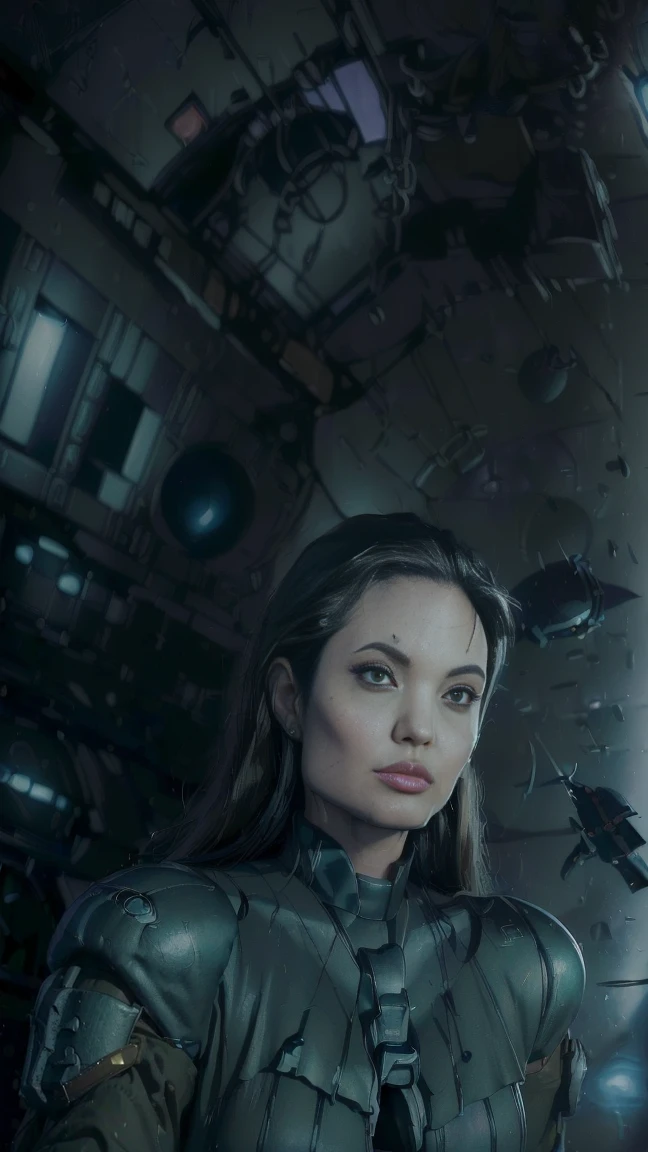 (((masterpiece,top quality,in 8K,Super detailed,A high resolution,anime style,absolutely))),Female Zion pilot standing.,(One:1.5),(Angelina Jolie:1.5),(((In the background is the interior of a dark space battleship...:1.5))),((Blur background:1.5)),(In a pilot suit:1.5),(Beautiful woman:1.5),(Detailed face image:1.5),(wallpaper:1.5),(whole body:1.5),(((overlooking:1.5)))