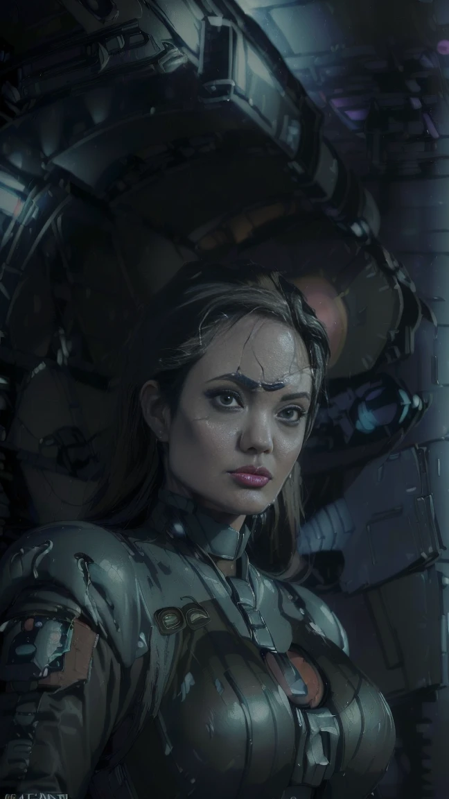 (((masterpiece,top quality,in 8K,Super detailed,A high resolution,anime style,absolutely))),Female Zion pilot standing.,(One:1.5),(Angelina Jolie:1.5),(((In the background is the interior of a dark space battleship...:1.5))),((Blur background:1.5)),(In a pilot suit:1.5),(Beautiful woman:1.5),(Detailed face image:1.5),(wallpaper:1.5),(whole body:1.5),(((overlooking:1.5)))