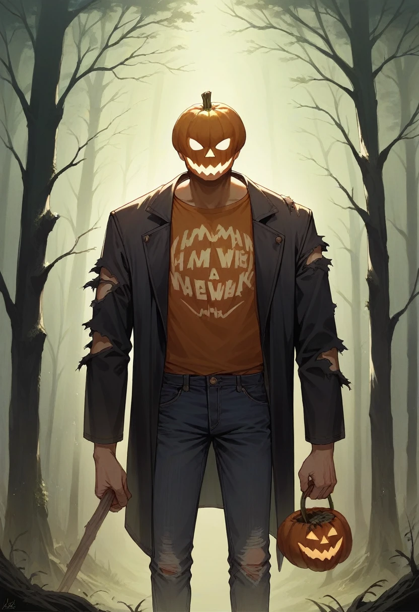 a tall handsome man with a carved pumpkin head, torn stained jacket, jeans, holding an ax, dark forest background, anime style, highly detailed, cinematic lighting, dramatic atmosphere, horror, masterpiece