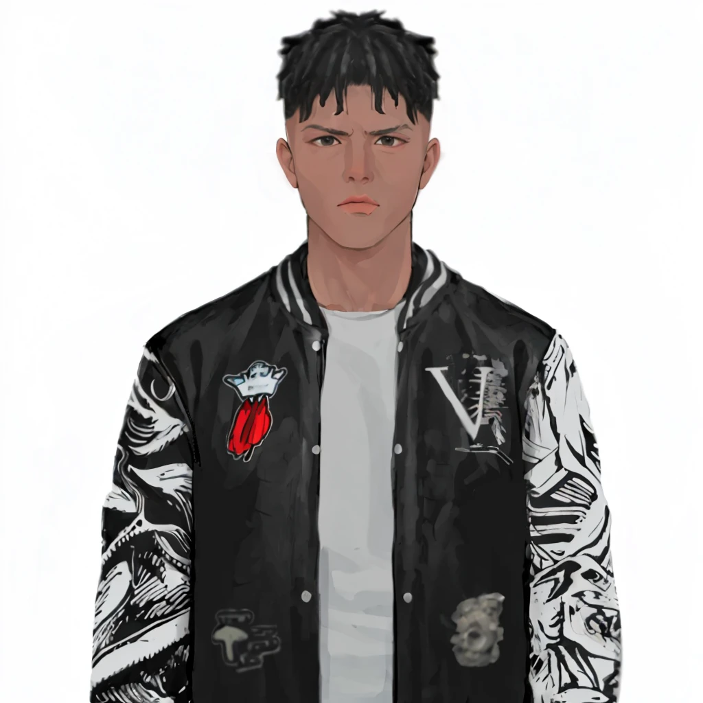 (masterpiece:1.2, best quality), (1men, solo, upper body:1.2),flat face,Hair: buzz cut,Clothing: oversized, distressed denim jacket with patches and pins, paired with black skinny jeans and combat boots, Hanging out in an underground music venue or street art exhibit