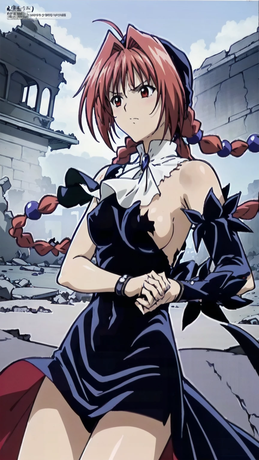 masterpiece, Highest quality,High resolution,Dorothy, Redhead,Red eyes, Have,dress,Braiding, black dress,One side of the dress is torn at the chest、Dust cloud、tits、Nipples fully visible、receive damage from an attack、anime、((Battle scene in the ruins))、blush、Line art、Pencil drawing