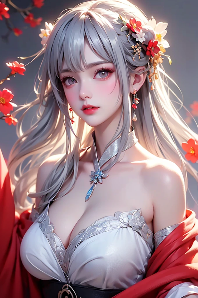 super high quality, masterpiece, Perfect illustration, Very detailed、8k wallpaper, Very detailed (Exquisite light and shadow, Very dramatic photo,Backlight) , ((Gray Hair:1.5))1 Girl, alone, (Wearing classic Hanfu, Royalty、Black and red Hanfu,Thick fabric,Long sleeve) Flower Field, Flowers, (White smoke:1.3) (Realistic:1.4), (Dynamic Angle: 1.4), Glowing Skin, (Floating colorful flashes: 1) The most beautiful chaotic shapes, elegant, Brutalist Design, Bright colors, Romantic Depth of Field Exotic_dance, half_naked、((Off the shoulder、Medium Chest、Beautiful cleavage、Touching lips))
