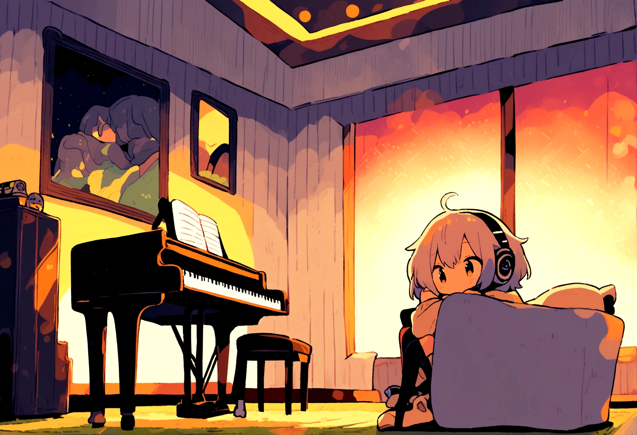 Girl listening to music, cgsociety 9, Chill Hop, Alena Aenami and Artgerm, Makoto Shinkai and Artgelm, The Lo-Fi Girl Aesthetic, Anime Scenery, makoto shinkai and (Cain Kuga), Lo-fi aesthetic, Anime scenery, Anime Nature, Relaxing, Anime Wallpaper ,Inside the room ,There is a piano. ,evening ,