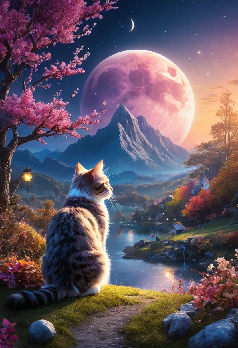 chat, moon, Cat, In the landscape, Magical atmosphere, mystery,(Highest quality, High resolution,Super detailed,Realistic:1.2),Bright colors, Sharpness, High resolution, Fantasy, magical landscape, Glossy crystals, Fantastic lighting, Sublime Beauty, mystery的な闇, ambiance surRealistic, A fascinating sight.