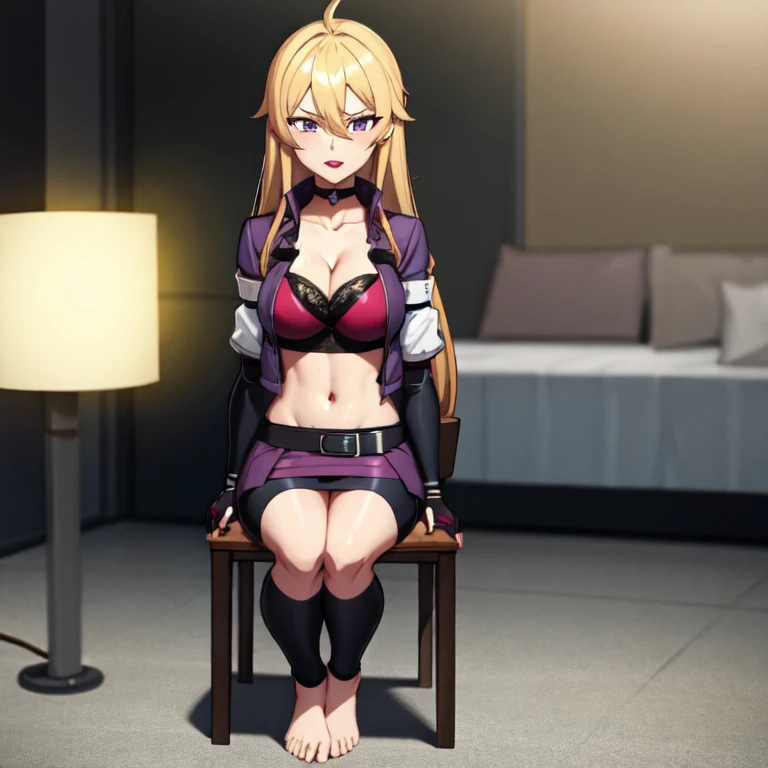 (Best Quality, high resolution, ultra detailed, realist:1.37), 1 girl, Lonely, ponytail style hair,blonde color,violet eyes, clear skin, Natural makeup,whole body, Beautiful detailed eyes, beautiful detailed lips, extremely detailed face, long eyelashes, perfect waist, awesome face, thick thighs, looking at the viewer, Science fiction, digital art, futuristic coloring, vibrant lighting, (bottom: inside, living room, futuristic, Science fiction, Cyberpunk theme, tecnología futurista en el bottom)
