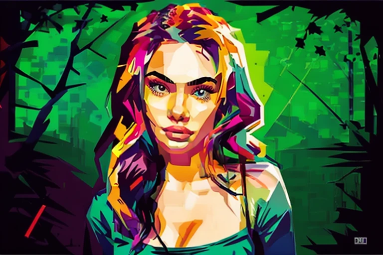 a close up of a woman with a green shirt on, a pop art painting by Bencho Obreshkov, trending on behance, pop art, in style of digital illustration, wpap, vector art style, trend on behance illustration, pop art painting, painted digital art, megan fox colorful portrait, digital paintin, colorful digital painting, # pixelart
