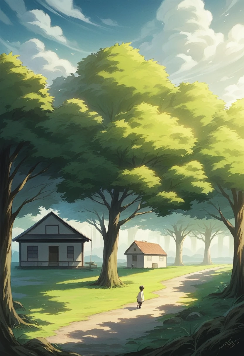 painting of a house under a tree in a field at night, makoto shinkai cyril rolando, anime art wallpaper 4k, anime art wallpaper 4 k, cyril rolando and goro fujita, anime background art, anime background, anime nature, by RHADS, anime art wallpaper 8 k, anime beautiful peace scene, anime landscape wallpaper