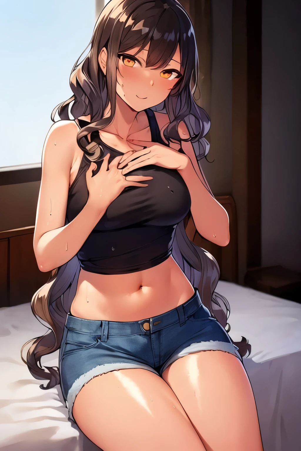 2d, Superb, (Masterpiece), (Full length), (Shiny amber hair:1.6), (Wavy medium hair:1.6), (Brown beautiful girl), (Healthy dark skin), (Sunburn mark), clavicle, (Denim hot pants:1.3), (Tank top), JK,Slender figure ,Glamorous Bare Feet, Leg hair, Brown Eyes, Attractive thighs, Medium chest, bedroom, On the bed, Light from the window, Sexy expression, Sweaty, Wet Hair, Drops from hair,Put your hands on your chest, Breathless, Bold pose