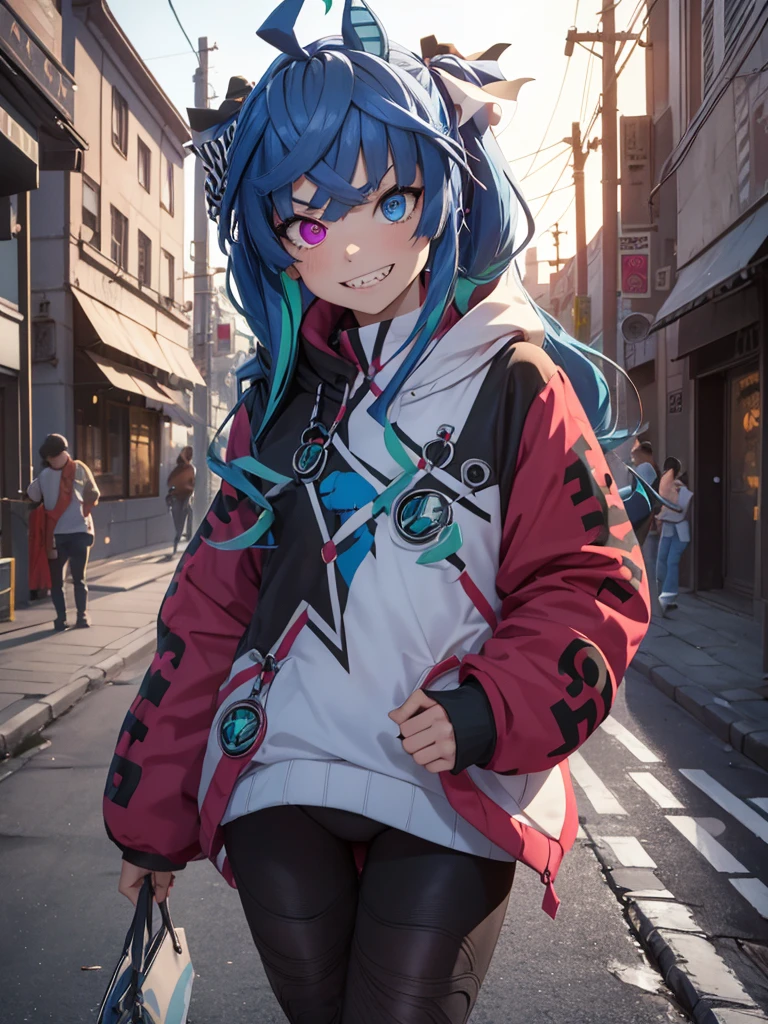 (Masterpiece, best quality, high res、highly detailed cg: 1),A gritty street scene captures a moment where a hardened courtesan, dressed in revealing, provocative attire, is leaning against a dimly lit building. She has a hardened expression and is looking directly at a young boy who appears out of place and nervous. The courtesan, with a dismissive gesture, says, "This is no place for kids, go home." The street is filled with other characters and signs that hint at the red-light district, adding to the atmosphere of the scene. Twin_Turbo_Umamusume, aqua hair, twintails, heterochromia, purple eyes, blue eyes, sharp teeth, (hores tails, grin), nsfw