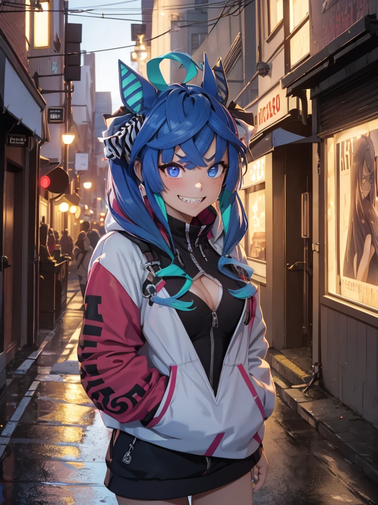 (Masterpiece, best quality, high res、highly detailed cg: 1),A gritty street scene captures a moment where a hardened courtesan, dressed in revealing, provocative attire, is leaning against a dimly lit building. She has a hardened expression and is looking directly at a young boy who appears out of place and nervous. The courtesan, with a dismissive gesture, says, "This is no place for kids, go home." The street is filled with other characters and signs that hint at the red-light district, adding to the atmosphere of the scene. Twin_Turbo_Umamusume, aqua hair, twintails, heterochromia, purple eyes, blue eyes, sharp teeth, (hores tails, grin), nsfw