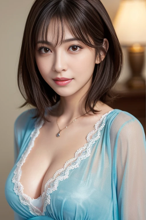 Nipples are visible、(RAW Photos), (Realistic), (masterpiece), (highest quality), High resolution, 8K resolution, (Intricate details), (Volumetric Light), Portraiture, woman,, short hair, Straight hair, Layered Hair, Brown haired, Highly detailed eyes, Source order, Very thin eyebrows, Highly detailed skin, Highly detailed mouth, Highly detailed nose, Cute like an idol, smile, ((Thick lips)), ((Look at the viewers)), (Elegant blouse)、Cleavage、Cleavage、The color of the clothes is up to you、The color of her underwear is see-through colorful、