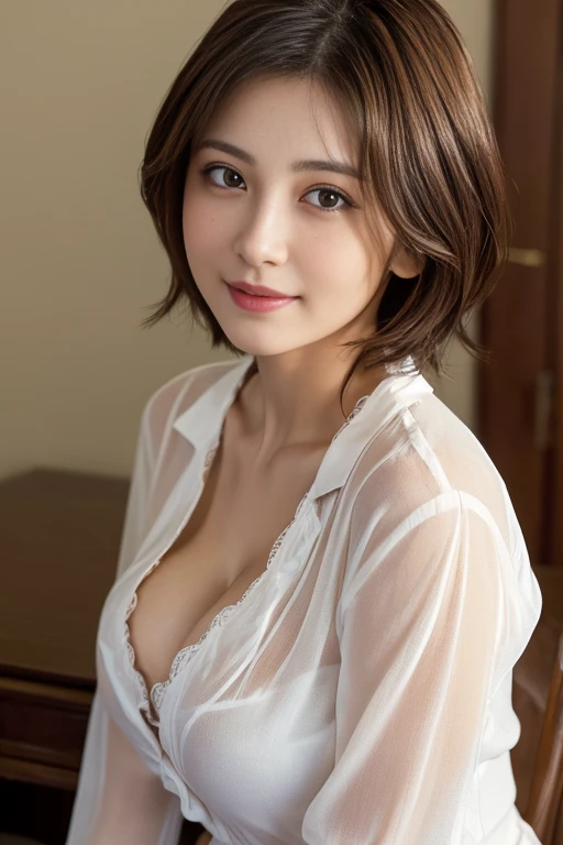 Nipples are visible、(RAW Photos), (Realistic), (masterpiece), (highest quality), High resolution, 8K resolution, (Intricate details), (Volumetric Light), Portraiture, woman,, short hair, Straight hair, Layered Hair, Brown haired, Highly detailed eyes, Source order, Very thin eyebrows, Highly detailed skin, Highly detailed mouth, Highly detailed nose, Cute like an idol, smile, ((Thick lips)), ((Look at the viewers)), (Elegant blouse)、Cleavage、Cleavage、The color of the clothes is up to you、The color of her underwear is see-through colorful、