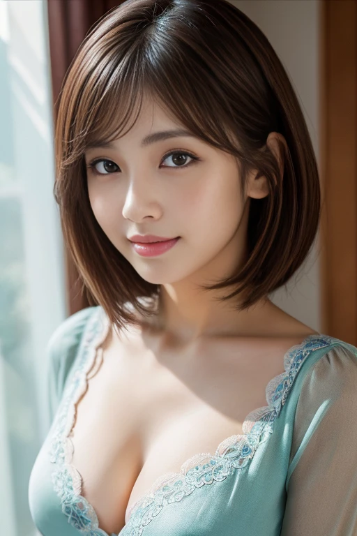 Nipples are visible、(RAW Photos), (Realistic), (masterpiece), (highest quality), High resolution, 8K resolution, (Intricate details), (Volumetric Light), Portraiture, woman,, short hair, Straight hair, Layered Hair, Brown haired, Highly detailed eyes, Source order, Very thin eyebrows, Highly detailed skin, Highly detailed mouth, Highly detailed nose, Cute like an idol, smile, ((Thick lips)), ((Look at the viewers)), (Elegant blouse)、Cleavage、Cleavage、The color of the clothes is up to you、The color of her underwear is see-through colorful、