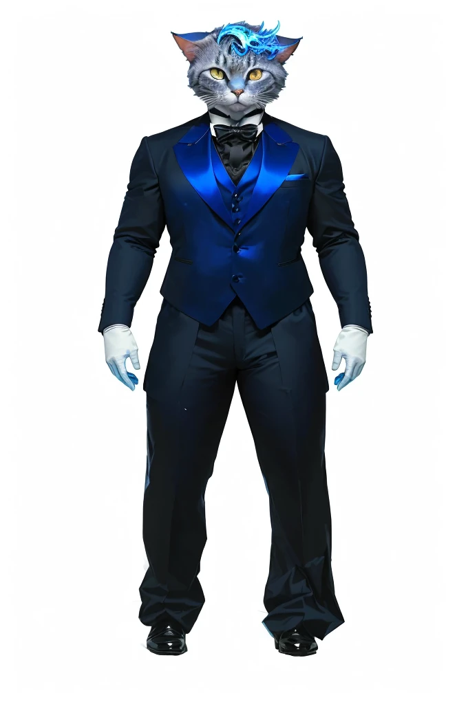 there is a cat dressed in a suit and tie standing, costume with blue details, Full body with costume, smoking, 3 piece suit, Blue suit, full body render, Full body distant view, suit vest and top hat and gloves, dark blue royal clothing, holographic suit, Suit, platinum suit, wearing fancy formal clothing, dark suit
