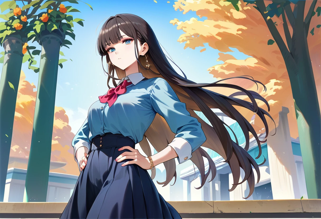 score_9, score_8_up, score_7_up, 1girl, solo, black long hair, skirt, hands on hips, facing viewer, staring, standing on the left side, in city park, beautiful detailed backgound,