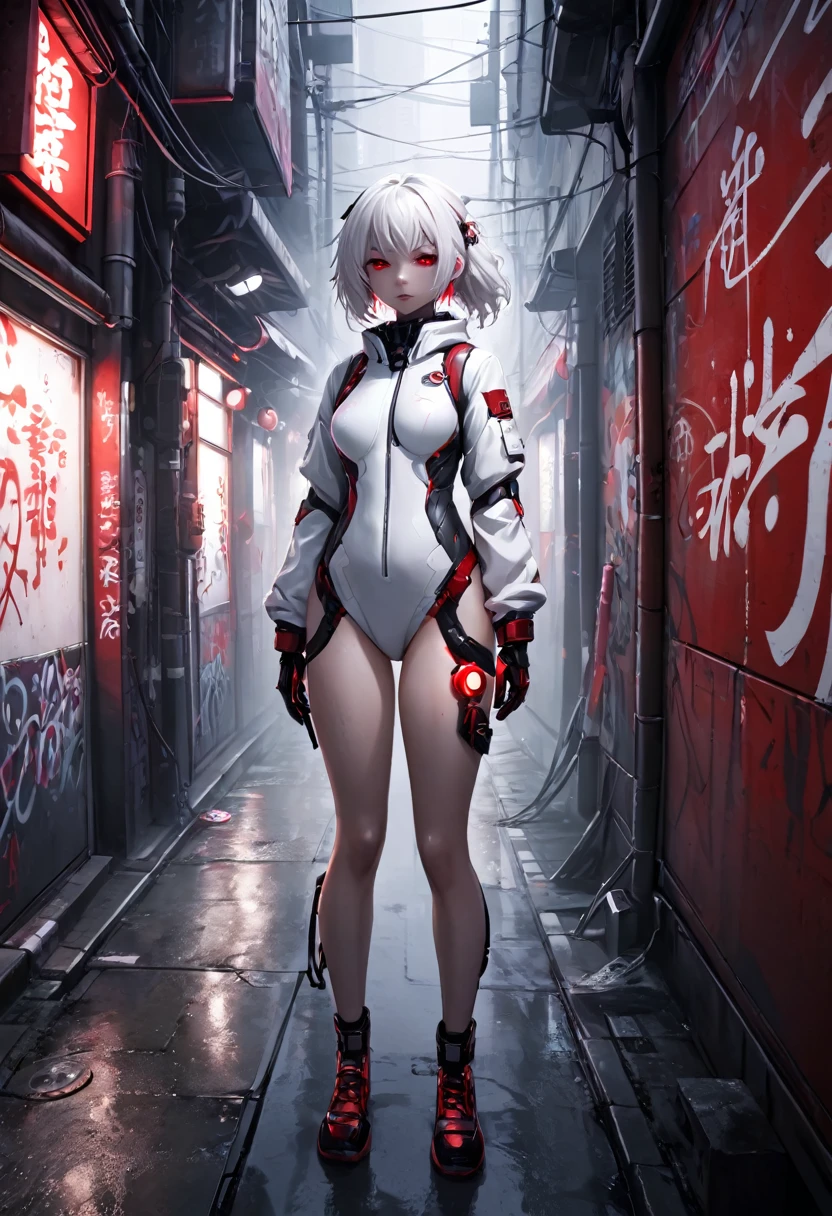 1girl, white survival suit, white hair, red eyes, dark alley, red graffiti, japanese led, fog, 8k, ambient occlussion, focus on subject