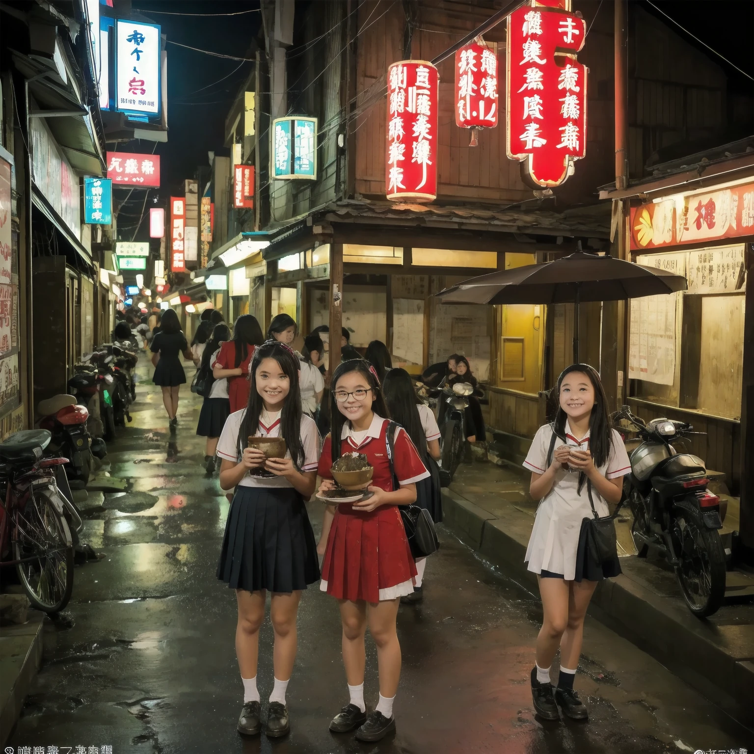 (masterpiece:1.2、Highest quality)、Hot Spring Town、Places to visit in Japan、Night view of tourist spot、Unsanitary and despicable environment、Shady Red Light District、Tavern on the street、(Detailed and cute face:1.3)、(３More than 100 cute girls)、Rusted metal、Dirty walls、sewage、Full of garbage、((Eat well))、((More than a dozen junior high school girls))、perfect anatomy、smile